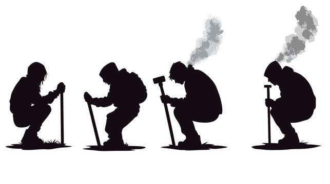 Four black silhouettes depict a person squatting with a tool. One emitting smoke, the others without
