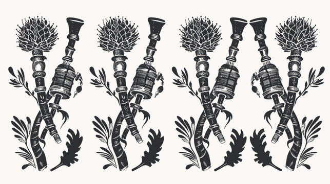 Repetitive pattern of thistle-topped sticks, textured with dark grey tones on a light background