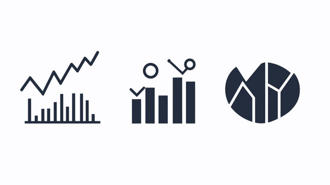 Three minimalist black and white infographics, including a line graph, bar chart, and a pie chart