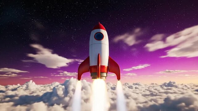 3D illustration of a retro rocket ship launching into the purple sky above soft clouds with smoke trails