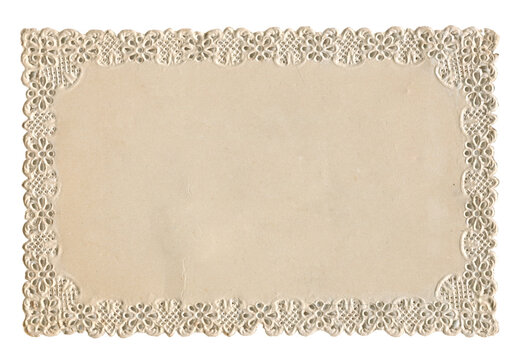 Vintage beige paper card with ornate lace border isolated on white