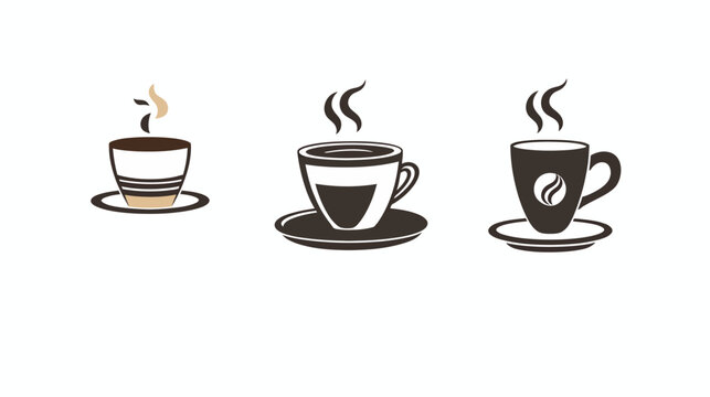 Graphic with three stylized coffee cups, each with unique designs, steam, and saucers
