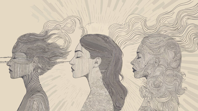Artistic depiction of three female profiles with stylized hair and facial features, set against a radiant backdrop