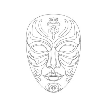 Abstract Face Mask Line Art Drawing, Mysterious Tribal Mask, Elegant Design