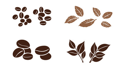 Obraz premium A collection of brown coffee beans and leaves illustrated on a white background