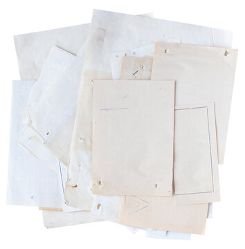 Stack of aged blank paper sheets and vintage documents isolated on white