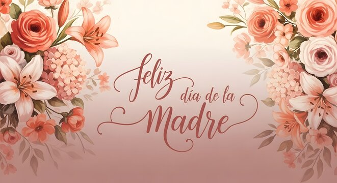 Feliz Dia De La Madre Vintage Floral Bouquet Elegant Peach Rose Lily Watercolor Background