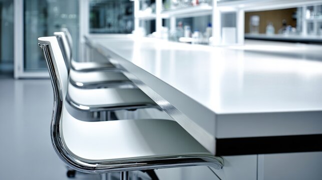 Clean white marble laboratory bench with chairs in a modern research facility