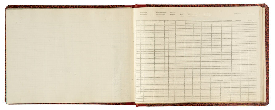 Open antique ledger book with blank aged pages and tabular record sheet isolated on white