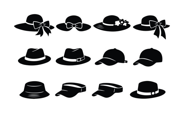 Vintage hat silhouettes collection, 12 black headwear icons including fedora and sun hats, elegant female and male fashion accessories vector set
