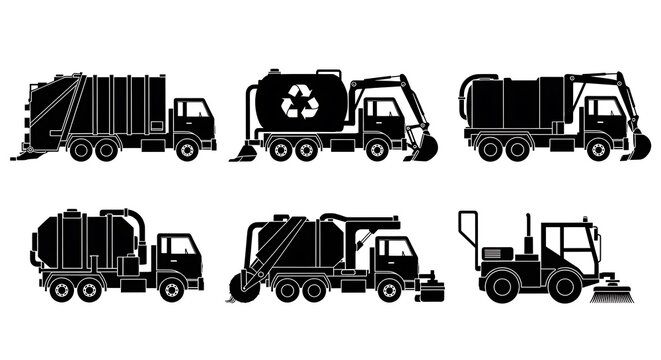 Black silhouettes of waste management vehicles.