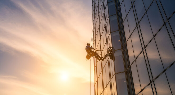 Two people rappelling down a modern glass skyscraper at sunset.