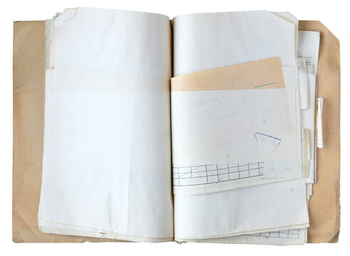 Open vintage paper file folder with blank documents, receipts, ledger accounting tables and envelopes isolated on white