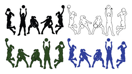 Female basketball player silhouettes set, 20 vector icons of women playing basketball, athletic girls dribbling and shooting sports graphics © Kuch_Bhi