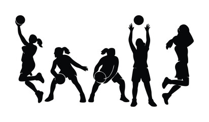 Basketball female player silhouettes, women athletes playing basketball vector set, black sports figures jumping and dribbling for team posters © Kuch_Bhi