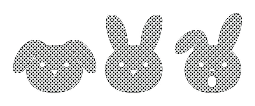 Minimalist halftone animal icons, set of 3 vector rabbit and dog head silhouettes, dotted texture pet face graphics for modern branding