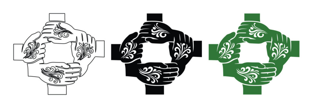 Celtic cross hand icons with floral pattern, set of 3 circular unity symbols, interlocking hands forming a cross, community and partnership vector