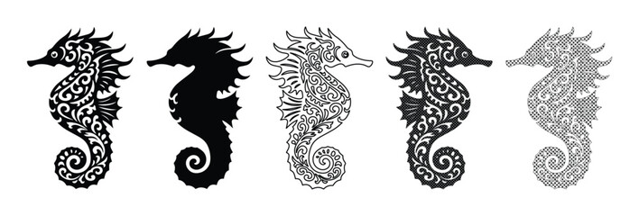 Ornate seahorse vector collection, 5 decorative sea horse silhouettes with filigree patterns, black and white aquatic animal illustrations for tattoos © Kuch_Bhi