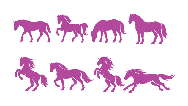 Purple horse silhouettes collection, set of 8 equine vector icons in various poses, running and jumping stallion graphics for equestrian branding