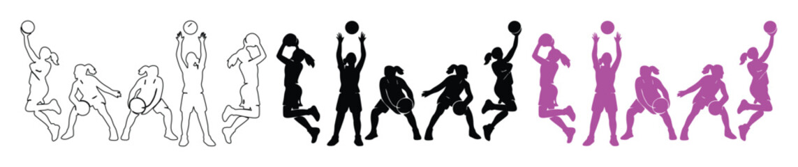 Basketball player silhouettes set, female athletes in action poses, black and purple sports vector icons, outline and solid basketball girl figures © Kuch_Bhi