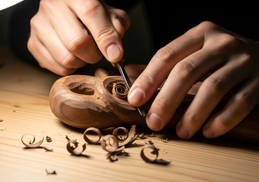 Hands carving intricate details into wood with a small chisel tool.