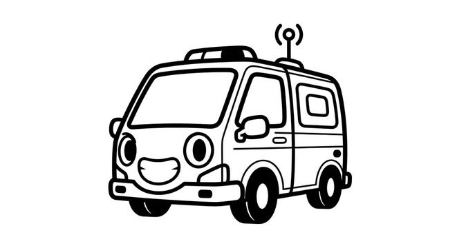 Smiling cartoon van with antenna.