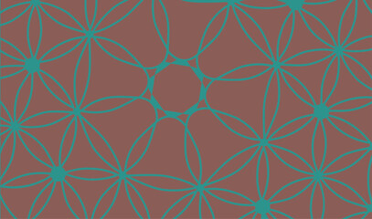 Fototapeta premium Seamless geometric pattern with teal flower of life outlines on a terracotta brown background