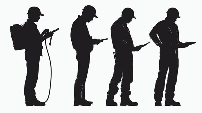 Four silhouetted figures of workers, one with a backpack sprayer, interacting with tablets