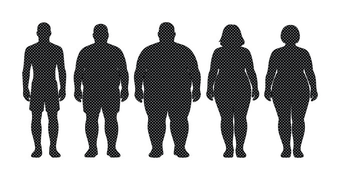 Human body types vector set, diverse male and female silhouettes illustrating various body shapes and weight stages, health and fitness infographic elements, black and white minimal design.