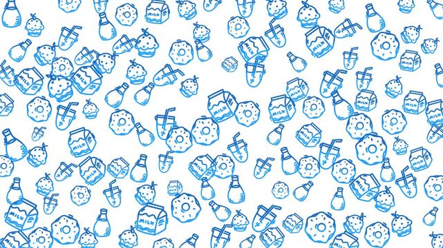 Handdrawn doodle food pattern featuring donuts, milk, cupcakes, and drinks. Ideal for foodthemed designs, packaging, stationery, and digital backgrounds.