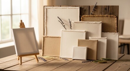 Fototapeta premium Various canvas frames and blank canvases on a wooden table, with lavender flowers and a small easel in the background.
