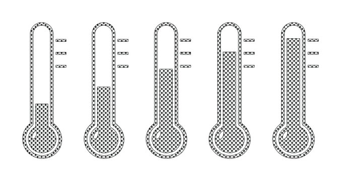 Conjunto de term&oacute;metros de temperatura, iconos de medici&oacute;n de calor y fr&iacute;o, indicadores de nivel de mercurio, ilustraci&oacute;n vectorial monocrom&aacute;tica para dise&ntilde;o de interfaz de usuario y