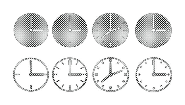 Conjunto de ocho iconos de reloj en estilo punteado, ilustraciones vectoriales de tiempo y gesti&oacute;n, elementos gr&aacute;ficos para dise&ntilde;o de interfaces y aplicaciones