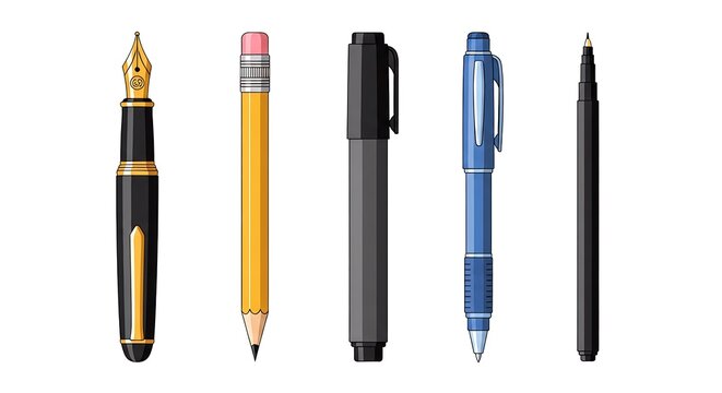 Set of writing instruments including fountain pen, pencil, marker and technical pen isolated on white background.