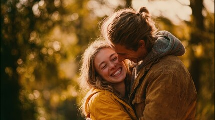 Fototapeta premium The happy couple are in a loving embrace while spending an autumn day together outdoors.