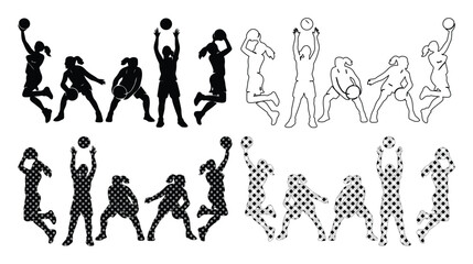 Basketball female player silhouettes, 20 vector icons of women playing basketball, athletic girls in action poses, sports team graphic set © Kuch_Bhi