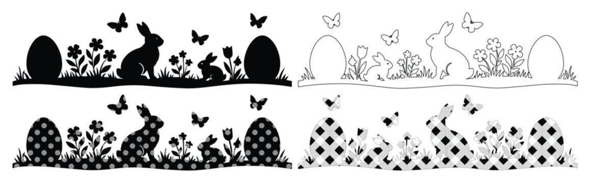 Siluetas de Pascua, conejos y huevos decorados, dise&ntilde;o vectorial monocrom&aacute;tico para celebraciones festivas, bordes de primavera, tarjetas de felicitaci&oacute;n y proyectos de manualidades