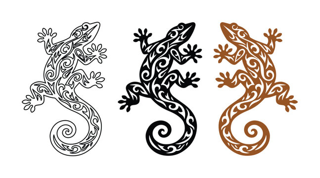 Conjunto de tres lagartos ornamentales, dise&ntilde;o vectorial de salamandra con patr&oacute;n tribal, ilustraci&oacute;n de gecko estilizado para tatuajes y decoraci&oacute;n
