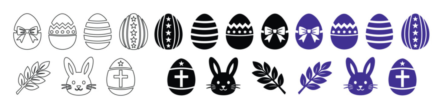 Iconos de Pascua, colecci&oacute;n de huevos de Pascua decorados, conejos y ramas de olivo, conjunto de vectores monocrom&aacute;ticos y morados para celebraciones de primavera