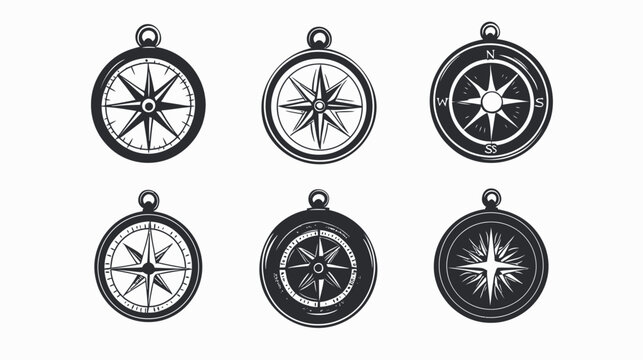 Six stylized black and white compass illustrations, depicting navigation tools