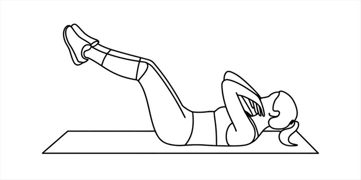 Line drawing of a woman performing abdominal crunches with her legs raised on a yoga mat. Vector, illustration