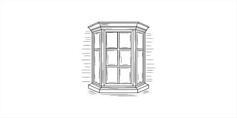 Hand drawn sketch of a classic bay window architectural element with multiple panes Vector, illustration © Kanu Art_Gallery