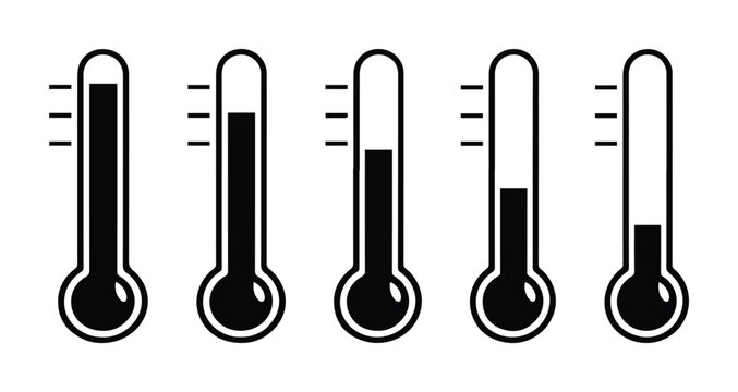 Temperature gauge vector icons, black and white thermometer set, heat and cold measurement symbols, climate control indicators for weather apps and medical designs