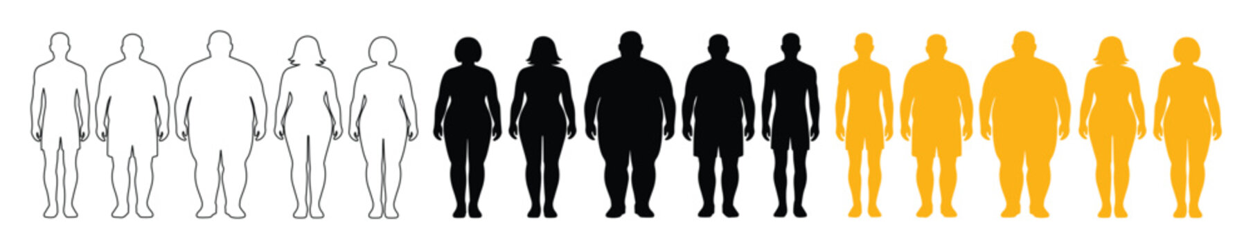 Siluetas de personas, iconos de figuras humanas en diferentes tama&ntilde;os y g&eacute;neros, vector de diversidad corporal, ilustraci&oacute;n de salud y bienestar