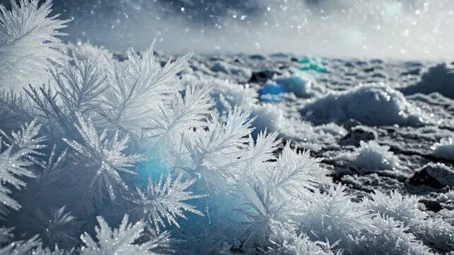 Intricate Frost Formations on Barren Winter Landscape