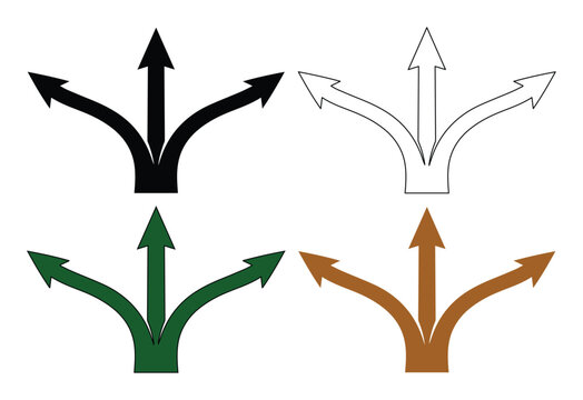Directional arrow vector set, four distinct three-way split arrow designs, choice and decision-making graphic resource, path and navigation concept illustration