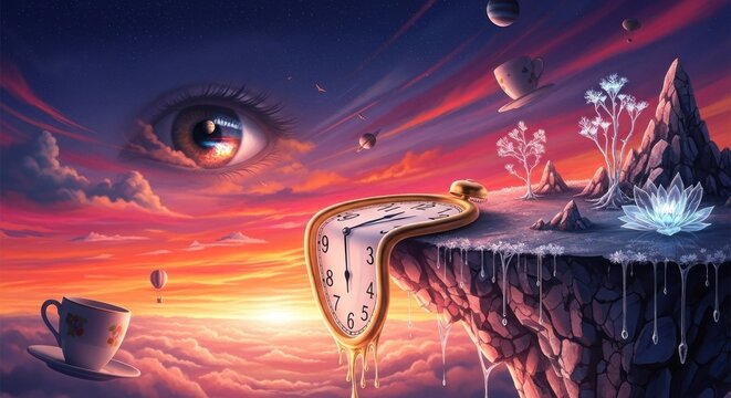 A surreal landscape with a wavy, twisted clock, a cup of tea, and a mountain range in the background, set against a vibrant, colorful sky with clouds and planets.