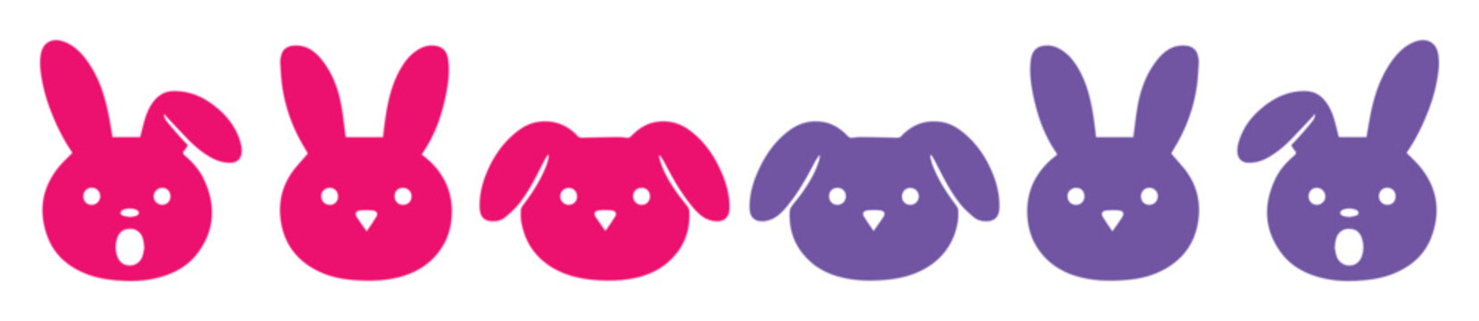 Iconos de conejos kawaii en rosa y morado, colecci&oacute;n de seis avatares de conejo de Pascua, dise&ntilde;o de personajes de animales de dibujos animados para ni&ntilde;os, vector plano de mascotas adorables