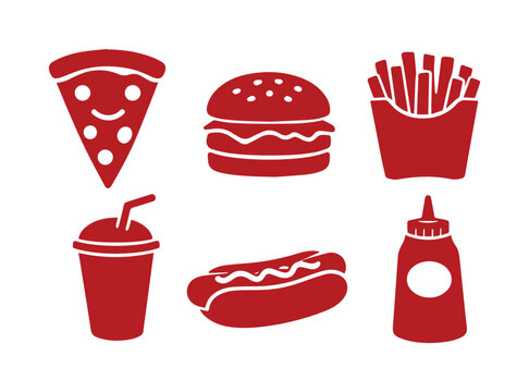 Iconos de comida r&aacute;pida, colecci&oacute;n de siluetas vectoriales de alimentos poco saludables, set de iconos de comida chatarra, elementos gr&aacute;ficos de comida r&aacute;pida para dise&ntilde;o digital y web