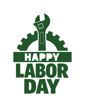 Feliz D&iacute;a del Trabajo, ilustraci&oacute;n vectorial verde oscuro, dise&ntilde;o de celebraci&oacute;n del D&iacute;a del Trabajador, emblema festivo con llave inglesa y engranaje